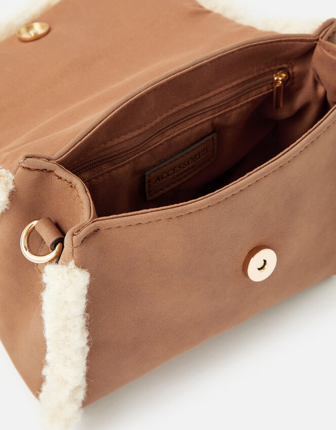Faux Shearling Top Handle Bag, , large