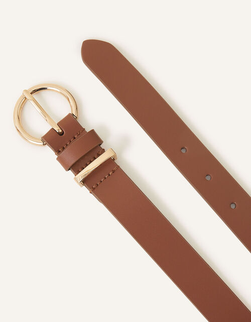Round Buckle Leather Jeans Belt, Tan (TAN), large
