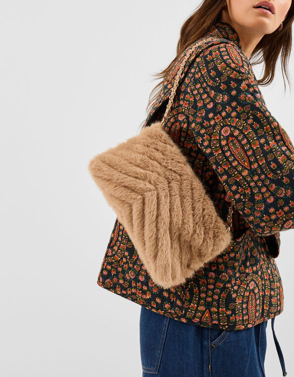 Faux Fur Chain Strap Shoulder Bag, , large