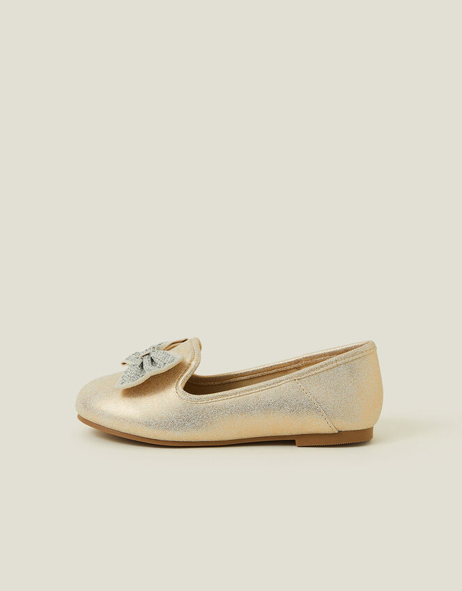 Girls Diamante Bow Metallic Ballet Flats, Gold (GOLD), large
