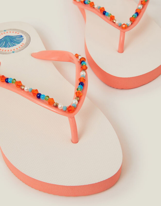 Beaded Shell Print Flip Flops, Orange (ORANGE), large