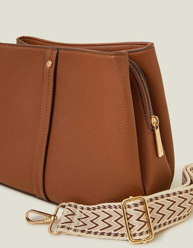 Faux Leather Webbing Strap Crossbody Bag, Tan (TAN), large