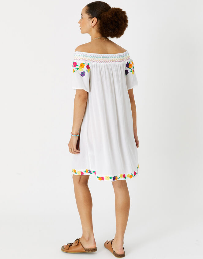 Pop Floral Embroidered Bardot Dress, Ivory (IVORY), large