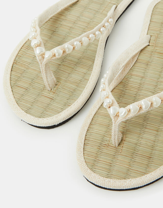 Heart Bead Seagrass Flip Flops, White (WHITE), large