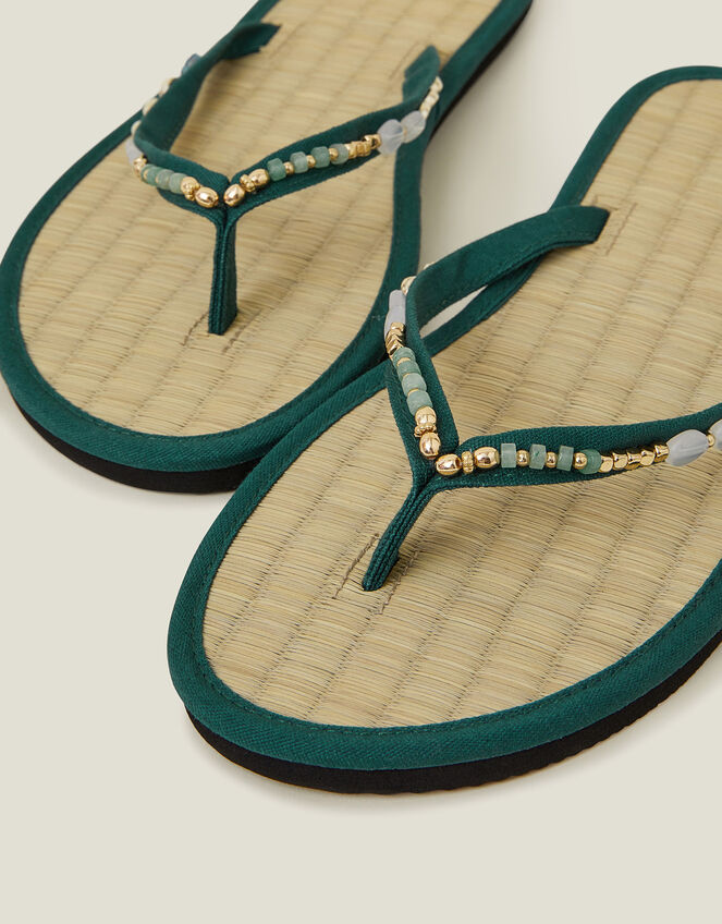 Beaded Seagrass Footbed Flip Flops, Green (GREEN), large