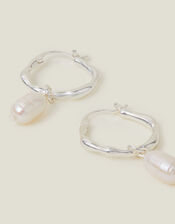 Sterling Silver-Plated Molten Pearl Drop Hoops, , large
