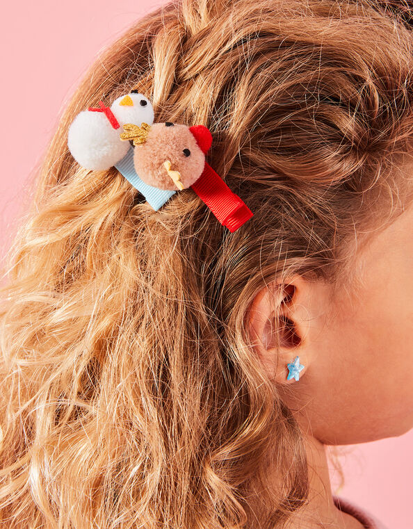 Girls Pom-Pom Christmas Hair Clips Set of Two, , large