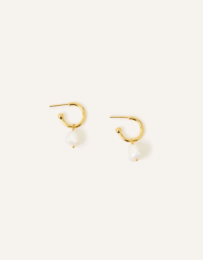 14ct Gold-Plated Chunky Pearl Drop Hoops, , large