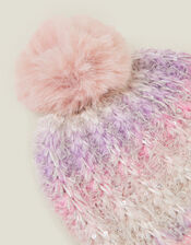 Girls Fluffy Pom Ombre Sequin Beanie Hat, Purple (PURPLE), large