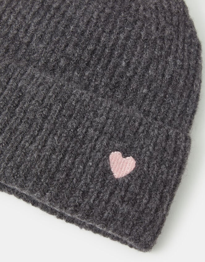 Heart Embroidered Beanie Hat, Grey (GREY), large