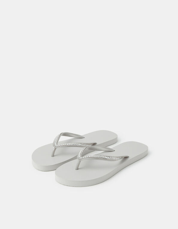 Crystal Embellished Flip Flops, Silver (SILVER), large