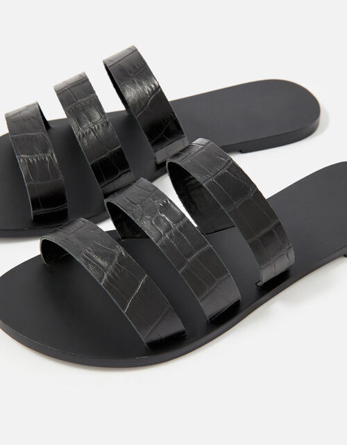 Triple Strap Leather Sandals , Black (BLACK), large