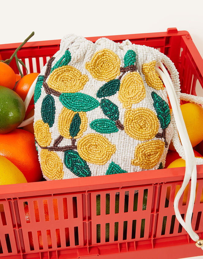 Lemon Beaded Drawstring Duffle Bag, , large