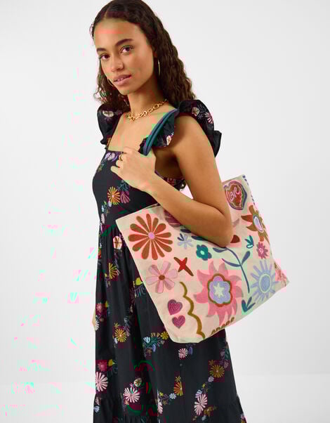 Floral Embroidered Shopper Bag, , large