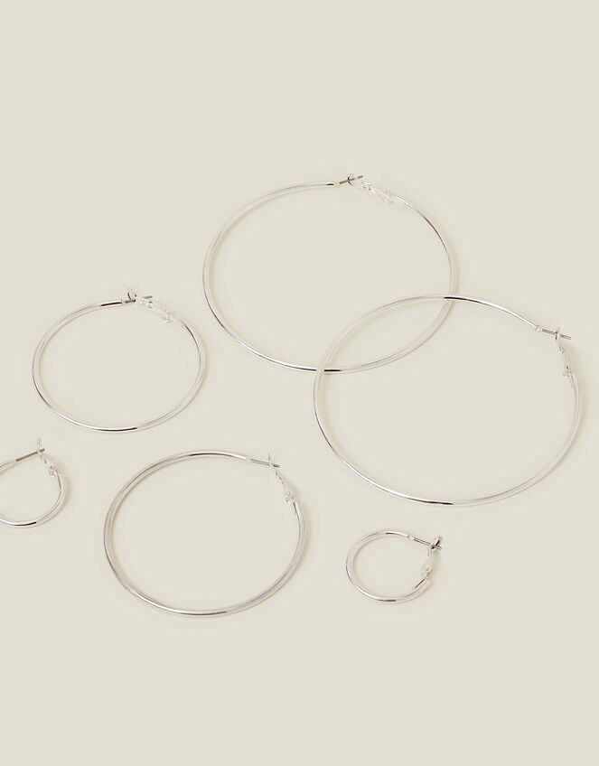 Simple Hoop Earrings Set of Three, Silver (SILVER), large