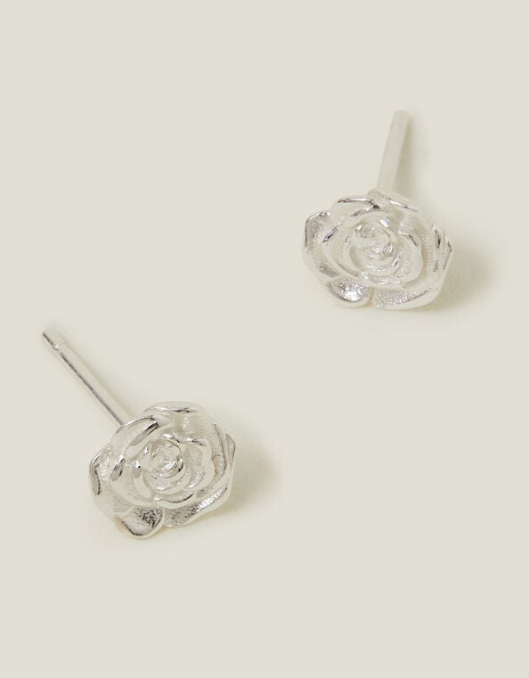 Sterling Silver Rose Stud Earrings, , large