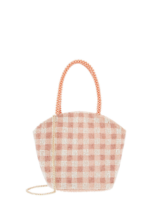 Gingham Beaded Bucket Bag, , large