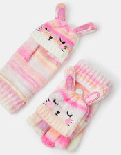 Girls Bunny Stripe Fingerless Gloves with Mittens, Multi (PASTEL MULTI), large