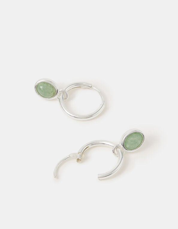 Sterling Silver Healing Stone Hoop Earrings, Green (GREEN), large