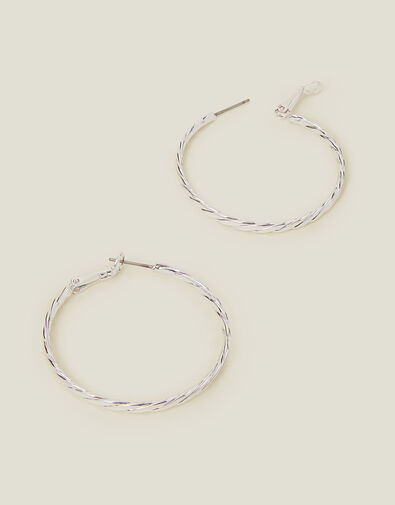 Sterling Silver-Plated Twist Hoop Earrings, , large