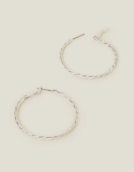Sterling Silver-Plated Twist Hoop Earrings, , large