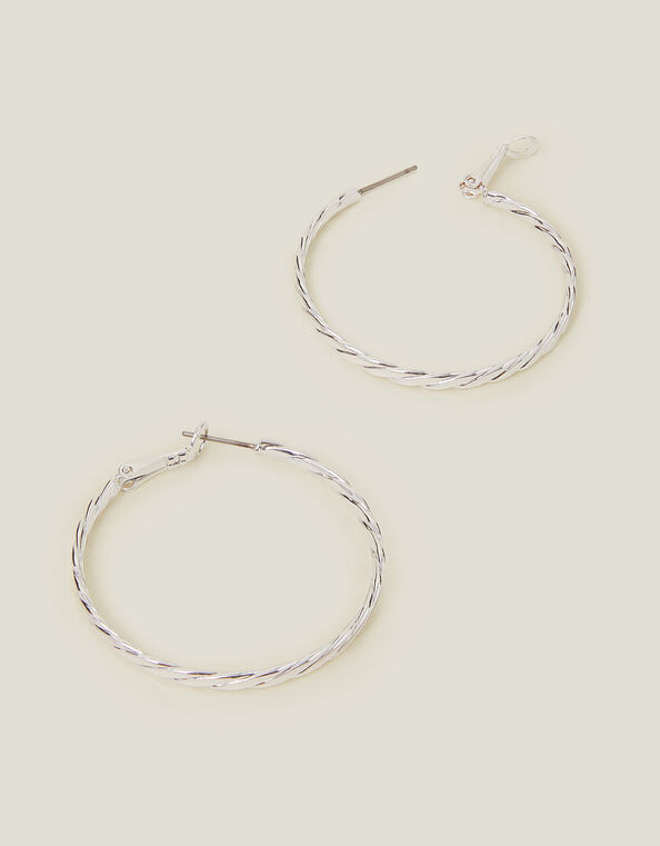 Sterling Silver-Plated Twist Hoop Earrings, , large