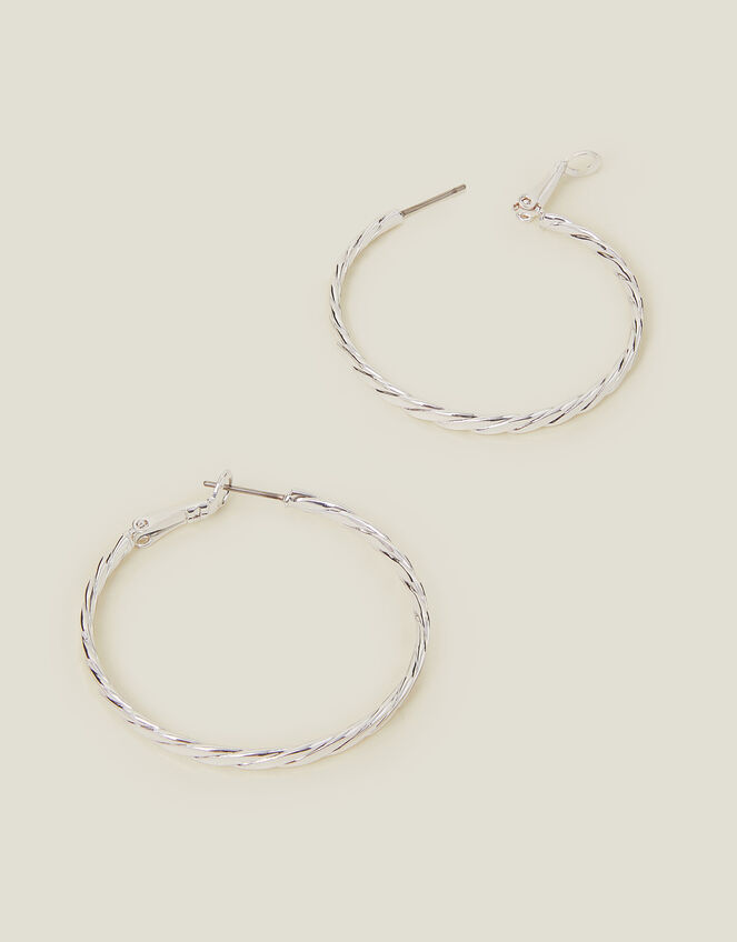 Sterling Silver-Plated Twist Hoop Earrings, , large
