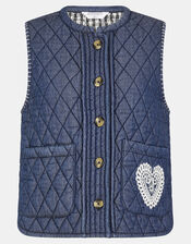 Heart Quilted Denim Waistcoat, DENIM, large