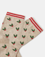 Holly Print Socks, , large