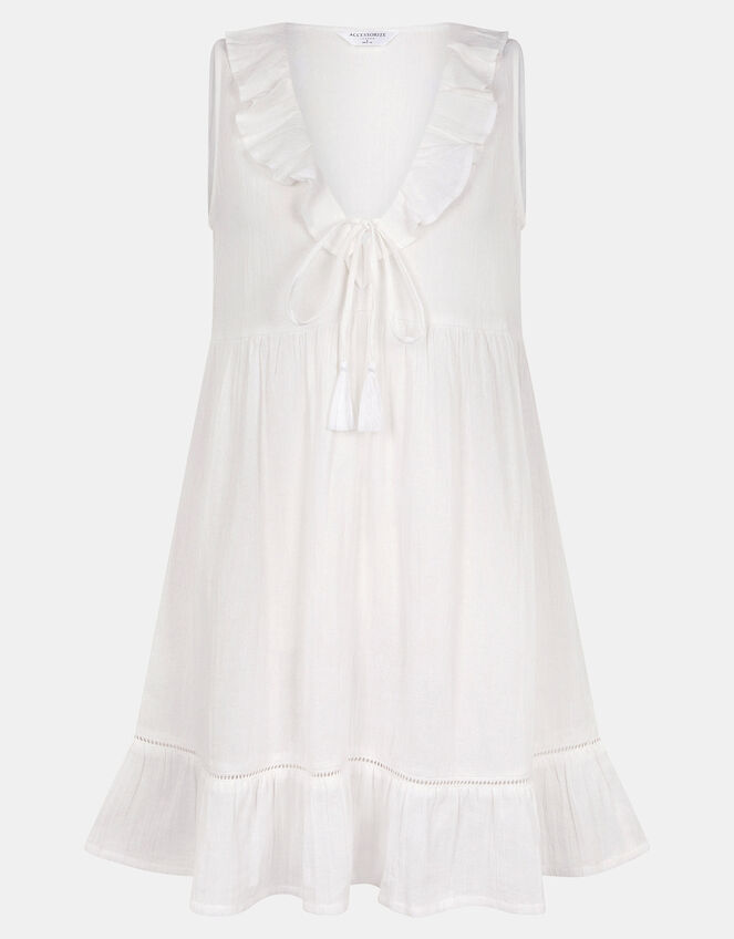 Sleeveless Ruffle Mini Dress, White (WHITE), large