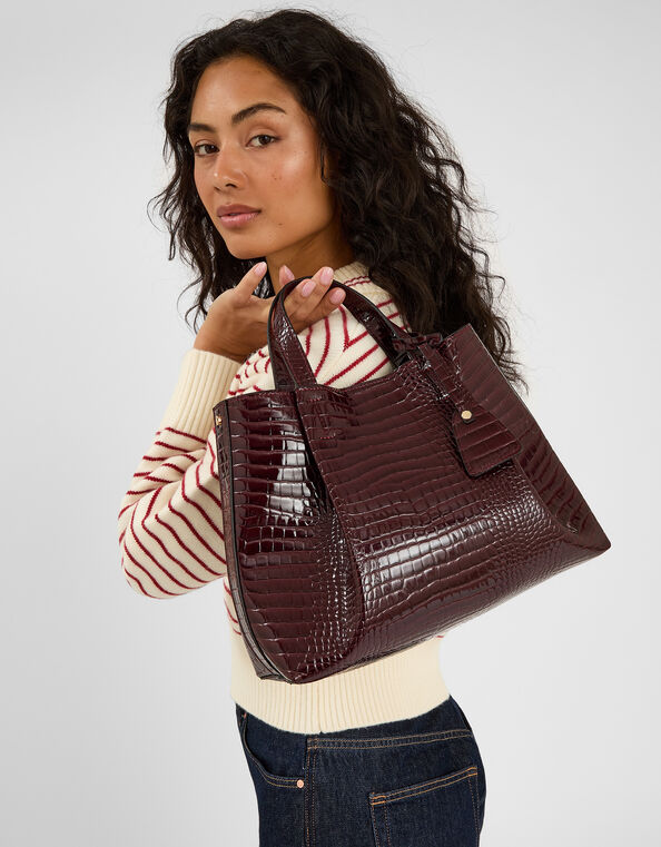Faux Croc Skin Patent Tote Bag, Red (BURGUNDY), large