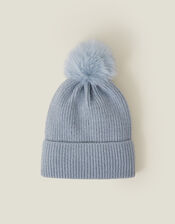 Faux Fur Pom Rib Beanie Hat, Blue (BLUE), large