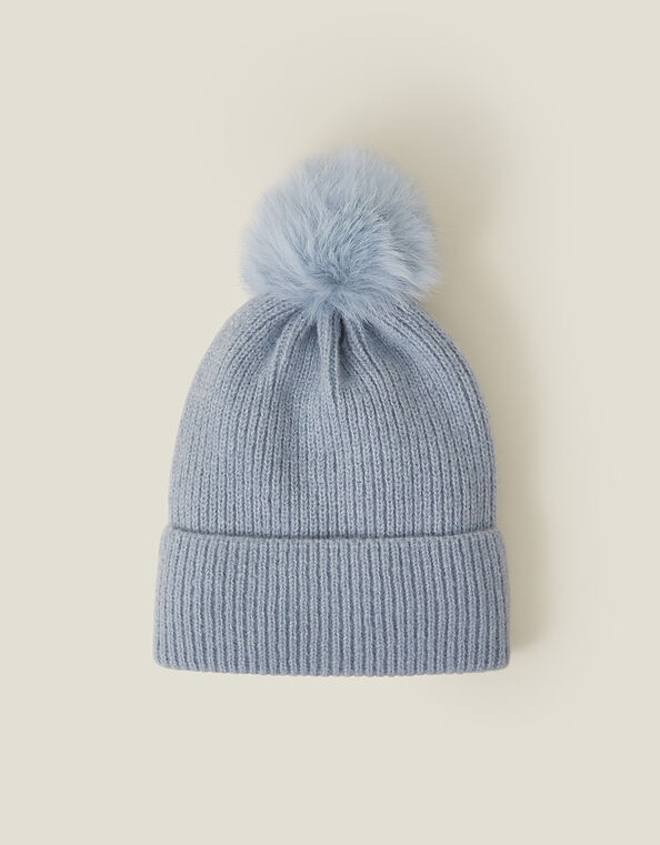 Faux Fur Pom Rib Beanie Hat, Blue (BLUE), large