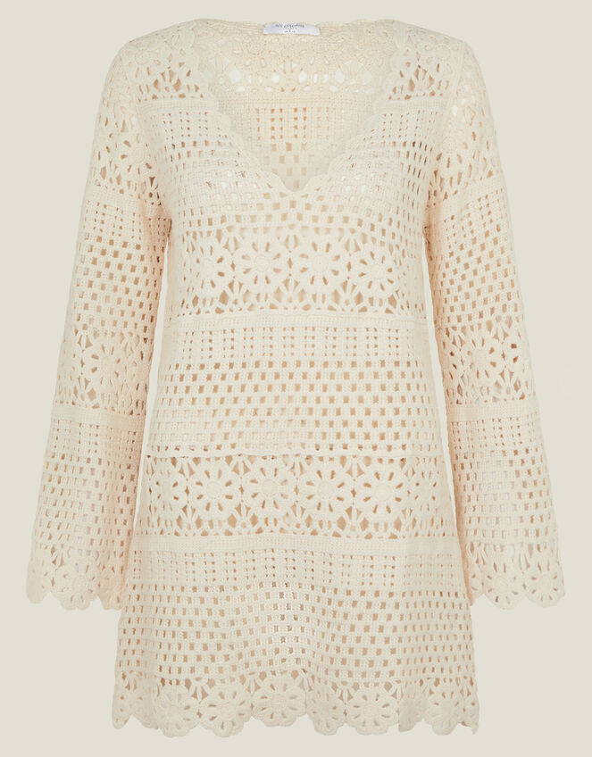 Crochet Long Sleeve Cover Up, Natural (NATURAL), large