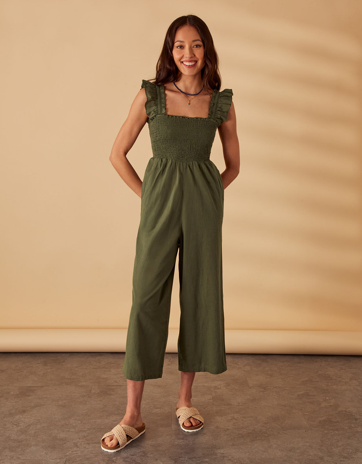 Shirred Frill Shoulder Jumpsuit Green