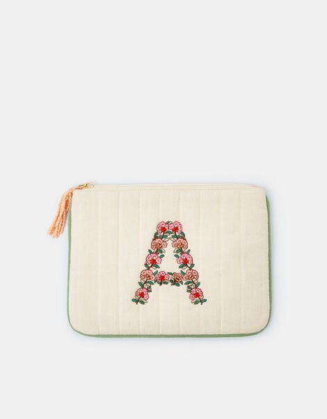 Embroidered Initial Quilted Pouch , Natural (NATURAL), large