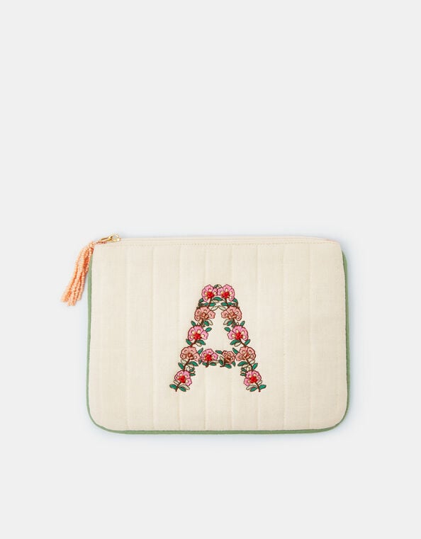 Embroidered Initial Quilted Pouch , Natural (NATURAL), large