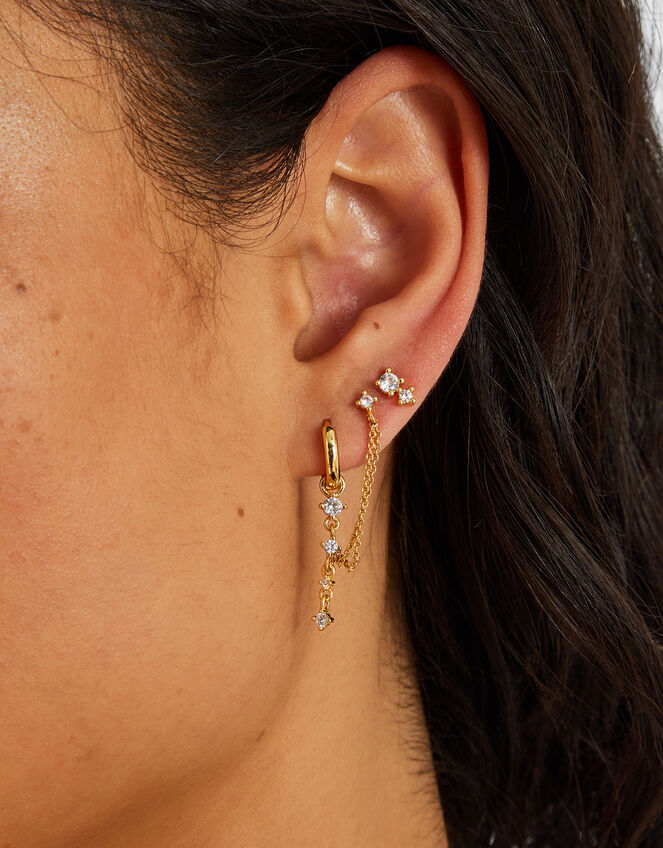 3-Pack 14ct Gold-Plated Sparkle Chain Hoop Earrings, , large