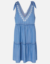 Tie Strap Embroidered Chambray Dress, Blue (BLUE), large