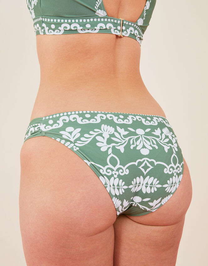 Ornamental Print Ruched Side Bikini Bottoms, Green (KHAKI), large