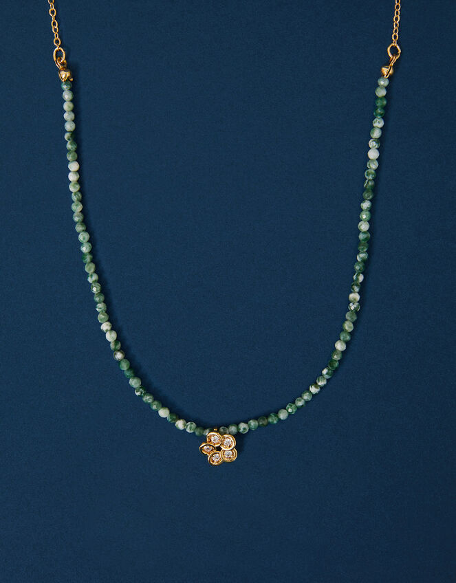 14ct Gold-Plated Flower Pendant Jade Bead Necklace, , large