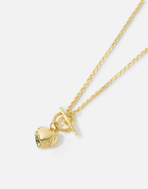 Gold-Plated Heirloom Heart Locket T-Bar Necklace, , large