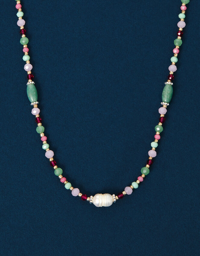 Sterling Silver-Plated Semi-Precious Bead Necklace, , large