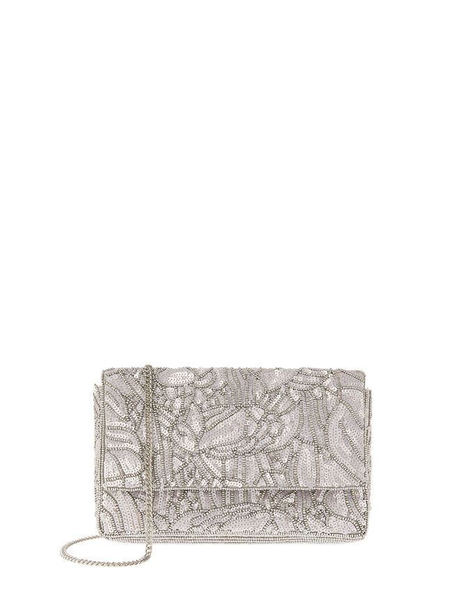 Sequin Floral Clutch Bag, Silver (SILVER), large