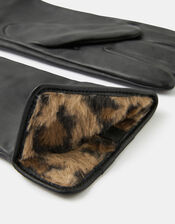 Leopard Faux Fur-Lined Leather Gloves, Leopard (LEOPARD), large