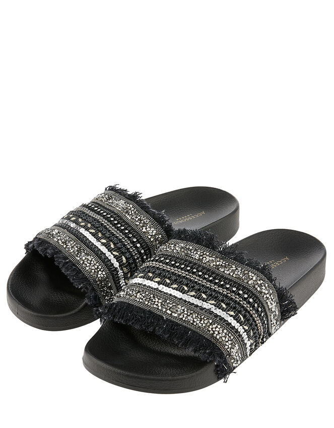 Embellished Beaded Sliders, Black (BLACK), large