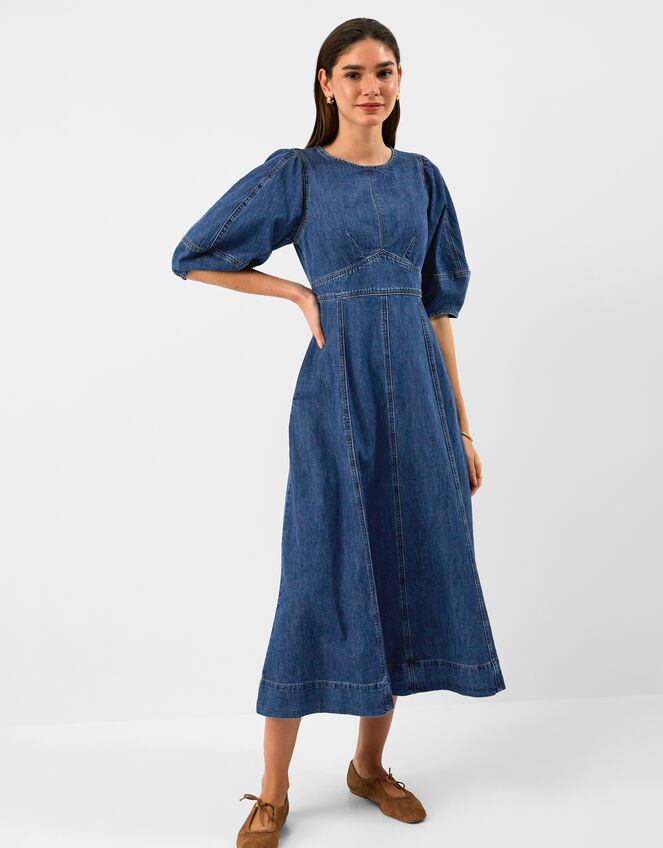 Puff Sleeve Denim Midi Dress, Blue (BLUE), large