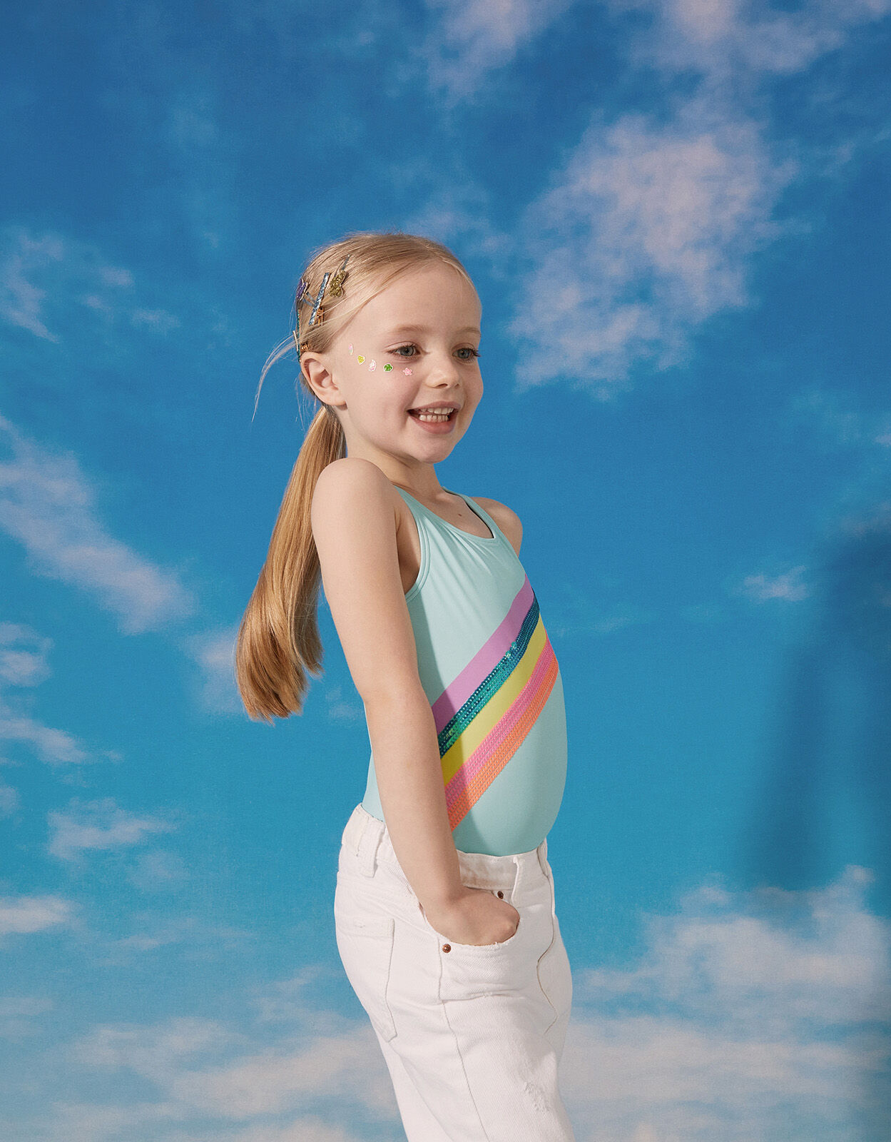 Girls Sequin Shooting Rainbow Swimsuit with Recycled Polyester Blue