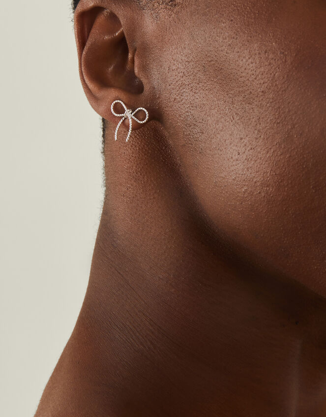 Sterling Silver-Plated Mini Bow Stud Earrings, , large