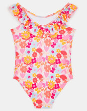 Girls Floral Print Frill Swimsuit, Multi (BRIGHTS MULTI), large